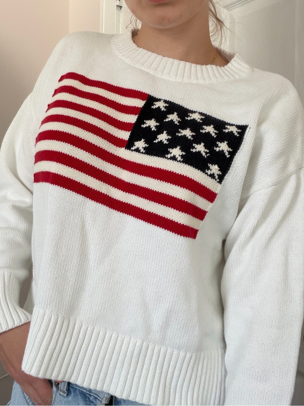 Old Navy White Crewneck Sweater with Red & Navy Flag Graphic